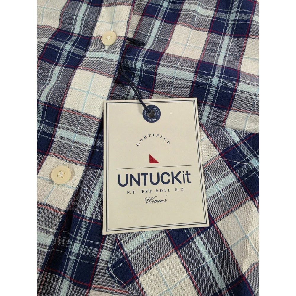 UNTUCKit Sorbo Womens Plaid Button Down Shirt Navy Blue Size 2 UT-14-33118-2 NWT - Picture 3 of 8